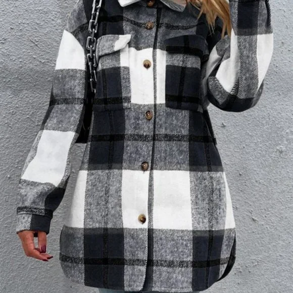 BLACK AND WHITE PLAID PRINT BUTTON DOWN COLLARED S - Picture 5 of 8